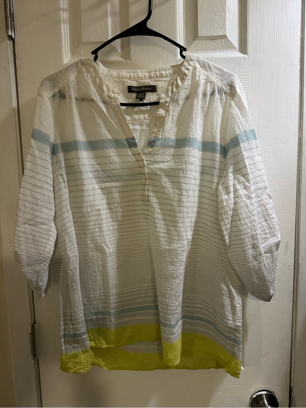 Tommy Bahama Women’s Gauze Tunic Blouse White Blue Lime Green Size M